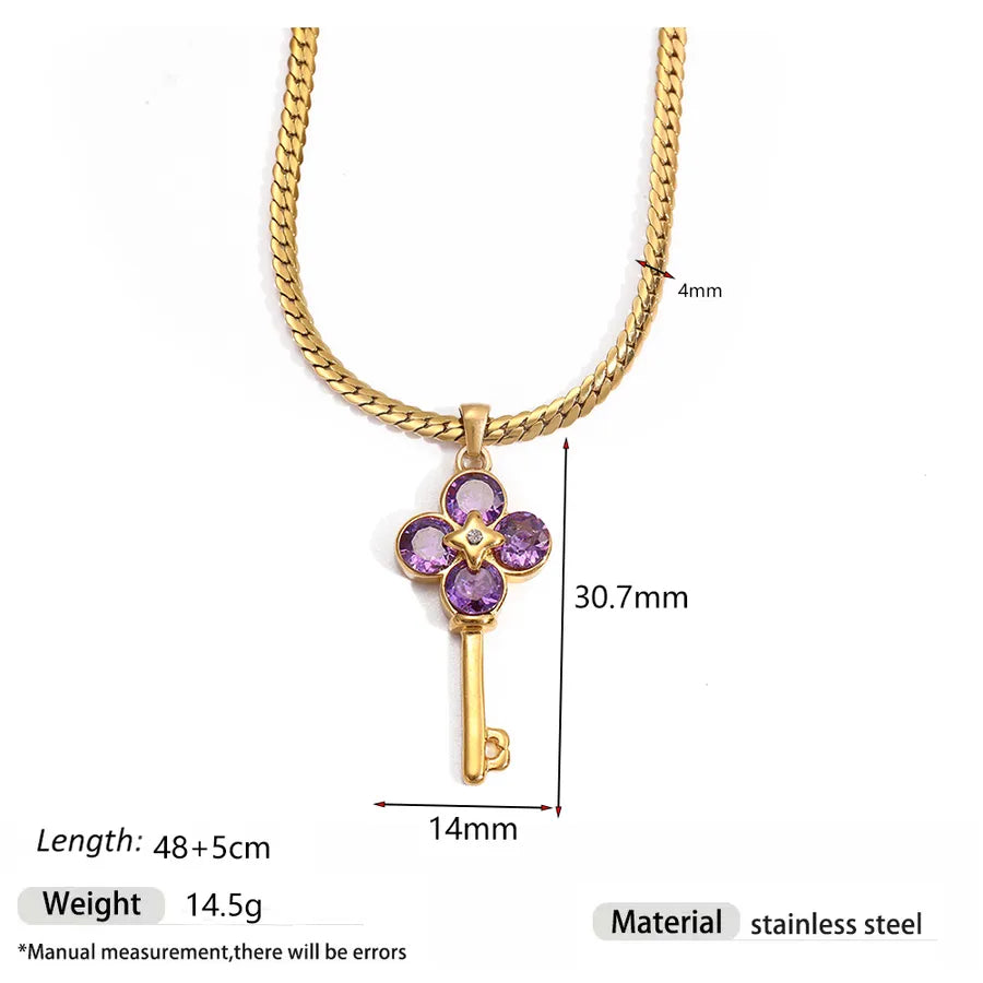 Wholesale Jewelry Sexy Key 304 Stainless Steel Zircon 18K Gold Plated Flowers Paperclip Chain box chain figaro chain Necklace