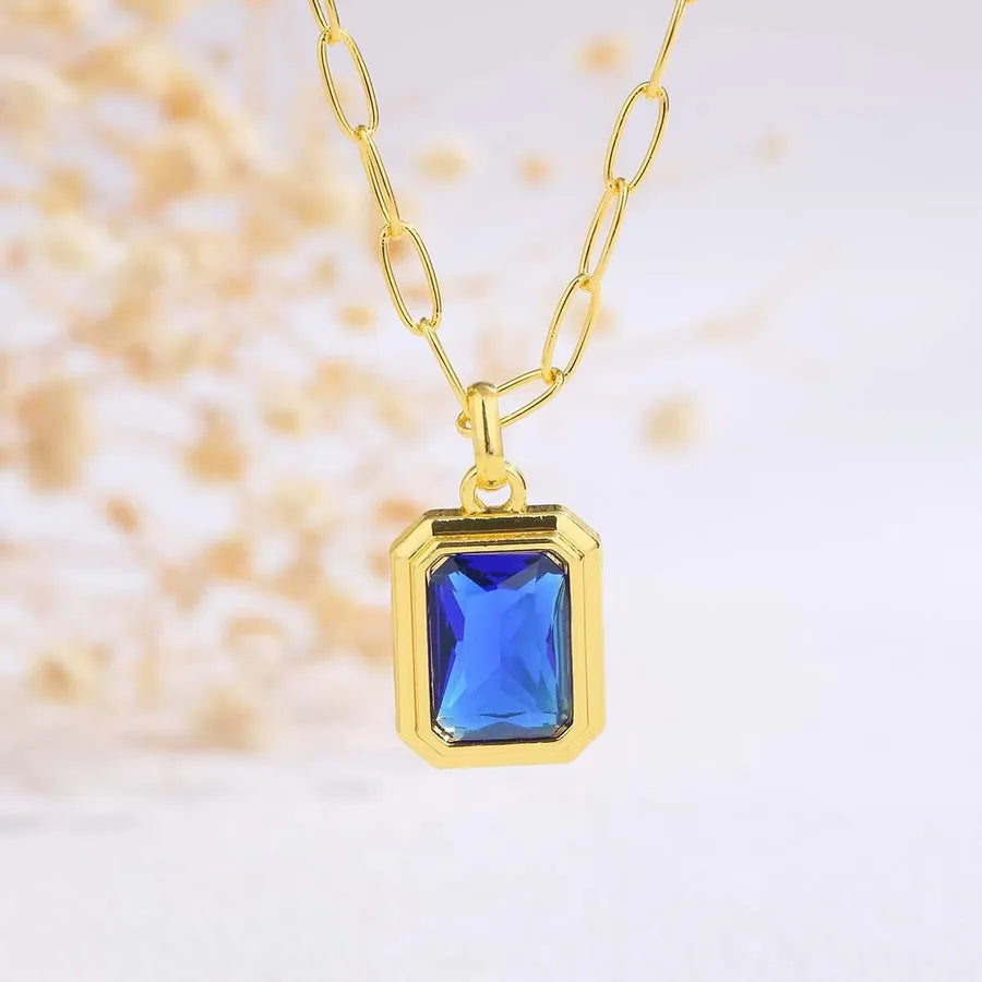 Simple Style Square Pendant Necklace for Women in Multicolor Alloy with Zircon Inlay and Paperclip Chain