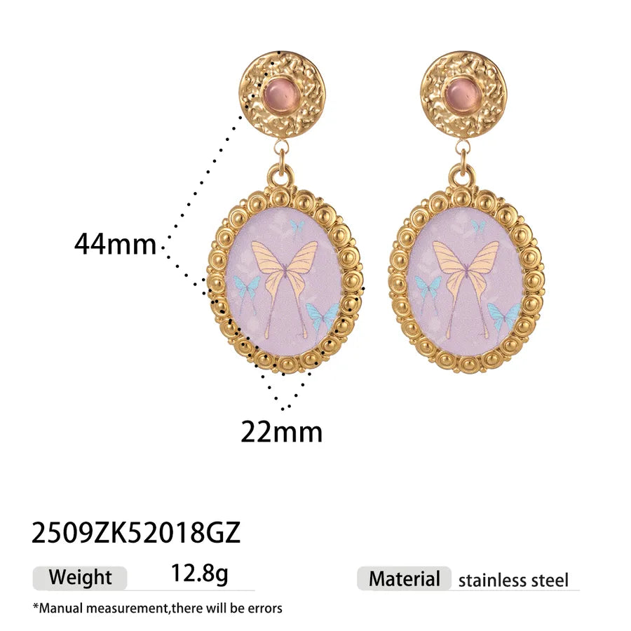 Style 304 Stainless Steel Pendant Earrings for Women, Non-Fading, Versatile, Natural Stone Inlaid Oil Drop Earrings, Vacuum Electroplated with 18K Real Gold