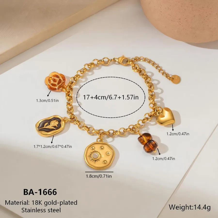Heart Shape Enamel Bracelets in 304 Stainless Steel with 18K Real Gold PVD Coated Plating and 0.03µm Thickness
