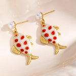 Simple Style Red Enamel Fish Stud Earrings for Women with Titanium Steel Posts