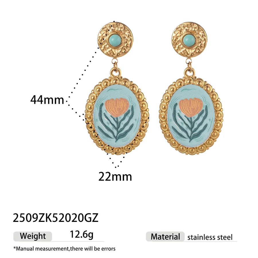 Style 304 Stainless Steel Pendant Earrings for Women, Non-Fading, Versatile, Natural Stone Inlaid Oil Drop Earrings, Vacuum Electroplated with 18K Real Gold