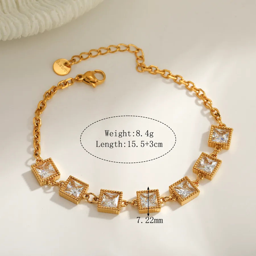 Square Electroplated 18K Real Gold Plated 304 Stainless Steel Tennis Chain Bracelet for Women with Zircon Inlay and PVD Coated Finish