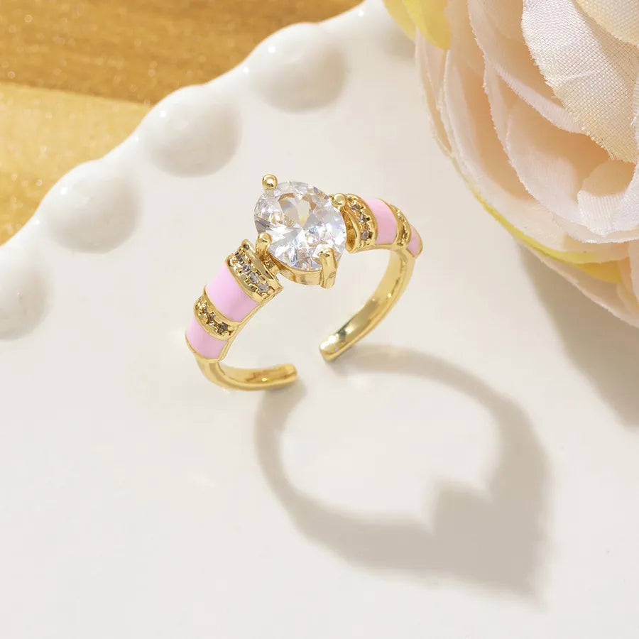 Heart Shape Open Ring for Women, Copper Material with Electroplated Gold Plating and Rhinestone Enamel Inlay