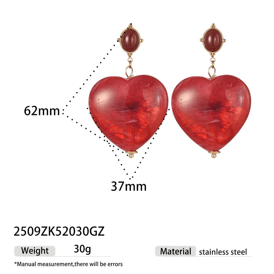 Retro High-End Handmade Oil-Drip Stainless Steel Acrylic Heart Pendant Simple Versatile Commuter Earrings