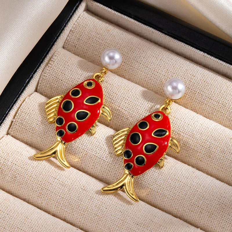 Simple Style Red Enamel Fish Stud Earrings for Women with Titanium Steel Posts
