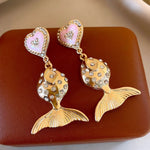 Vintage Silver Needle Diamond Embedded Heart Fish Ear Studs Women Fashion Exaggerated Earrings Luxury Feel Alloy Animal Pattern