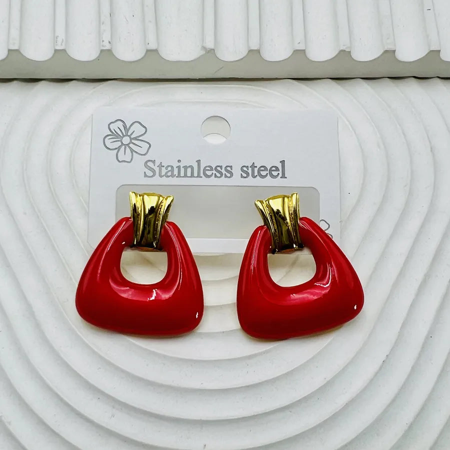 Geometric Red Enamel Drop Earrings for Women with 304 Stainless Steel Studs