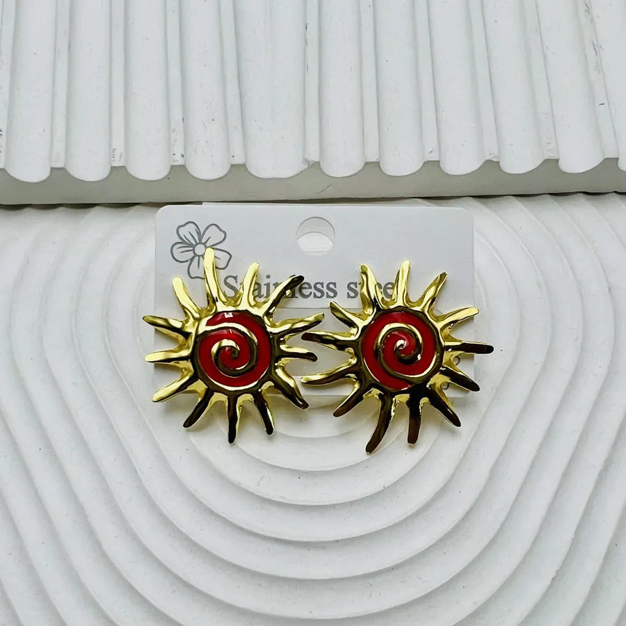 Geometric Red Enamel Drop Earrings for Women with 304 Stainless Steel Studs