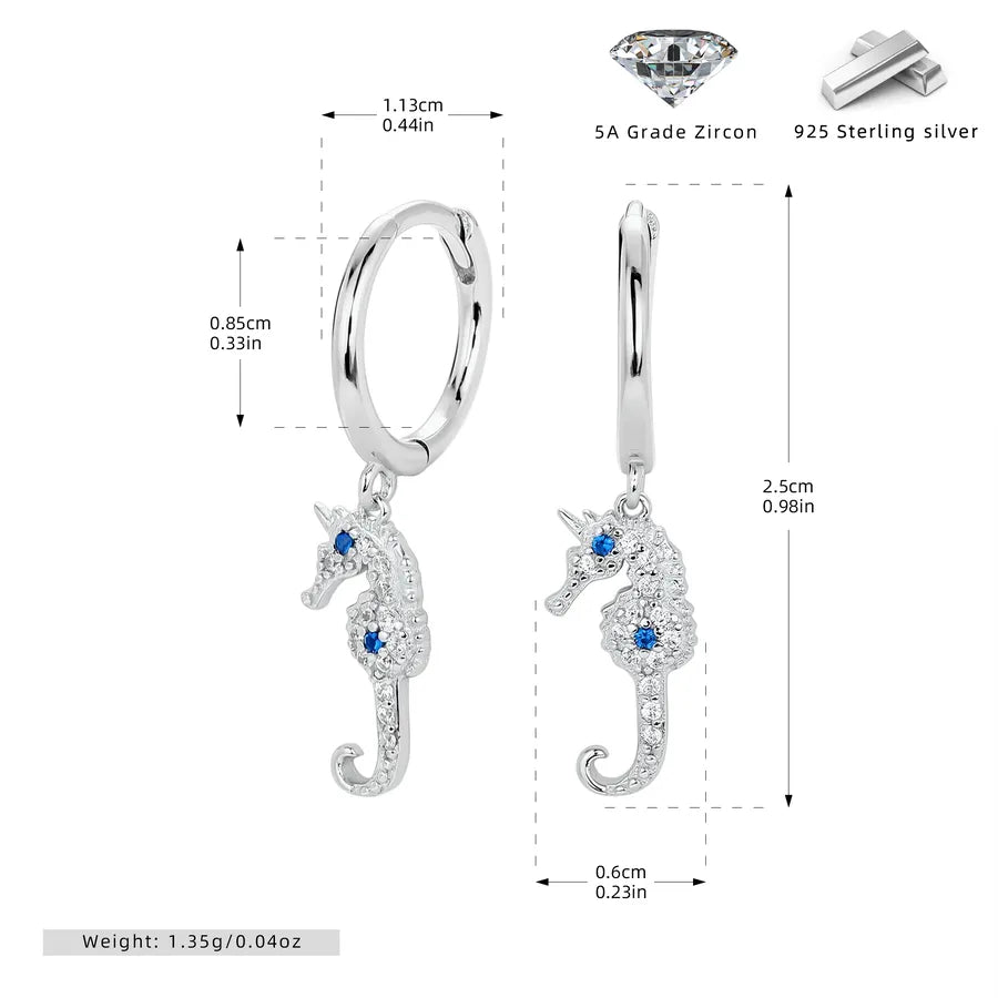 Hippocampus Earrings for Women in 925 Sterling Silver with 18K Real Gold Plated 0.03µm Coating and Three-dimensional Zircon Inlay