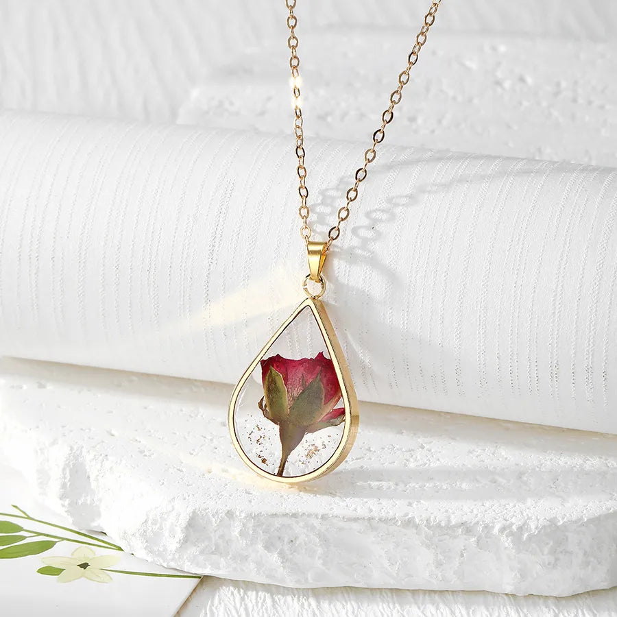 Eternal Flower Resin Necklace Luxury Floral Pendant Women's Geometric Pattern Alloy Jewelry Gift For Festival