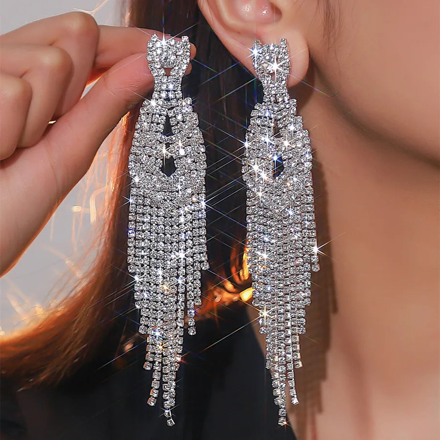 Rhinestone Tassel Geometric Stud Earrings Full Copper Material Full Diamond Earrings Street Style Silver Plated Drop Earrings