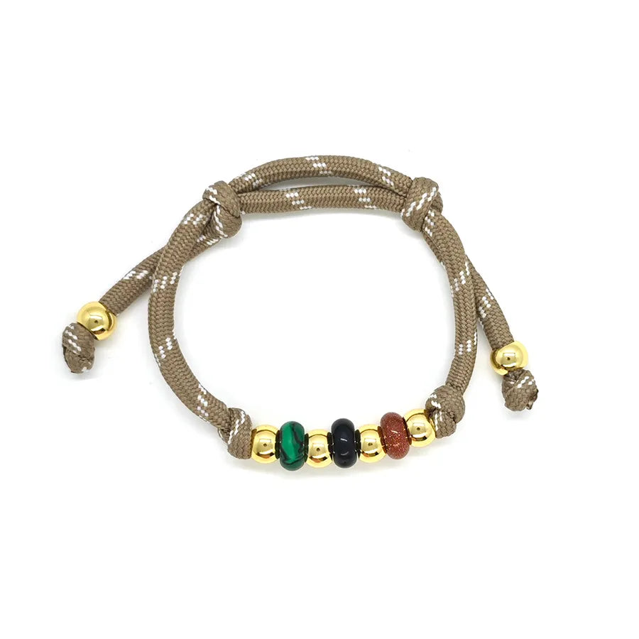 Couple Drawstring Bracelets Featuring Splicing Pattern with 18K Real Gold Plated 0.03µm and Natural Stone Beaded Cord In Chain