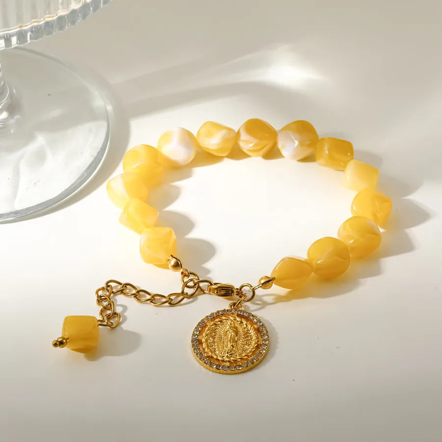 Virgin Mary Bracelet for Women, 304 Stainless Steel with 18K Gold PVD Coating and Zircon Inlay, Beaded Chain