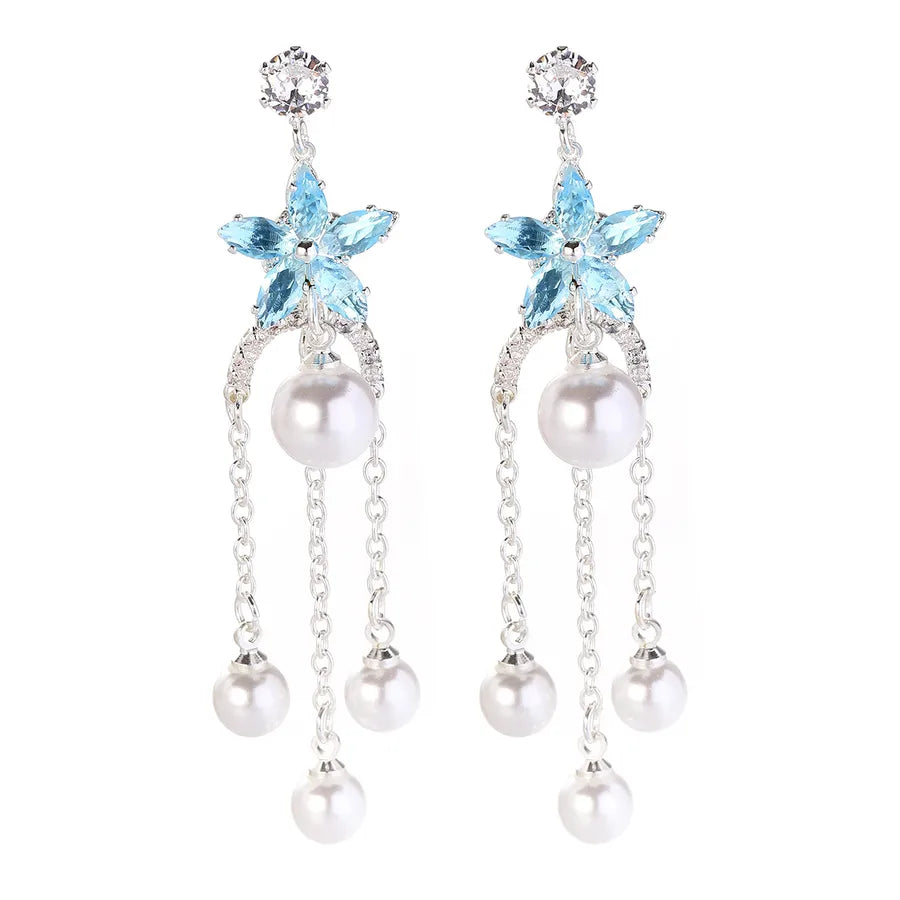 Flowers Tassel Drop Earrings for Women with 925 Sterling Silver Ear Pins and Copper Base Inlaid with Zircon
