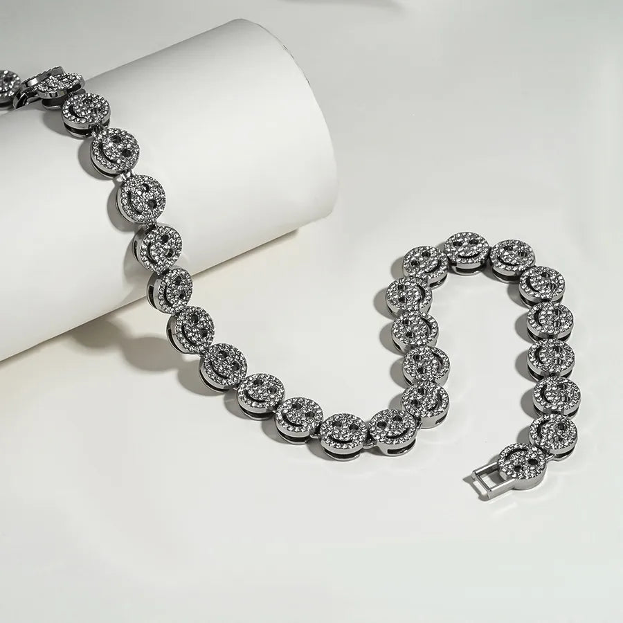 Silver Plated Alloy Smiley Face Necklace with Rhinestones, Unisex Silver Chains for Men