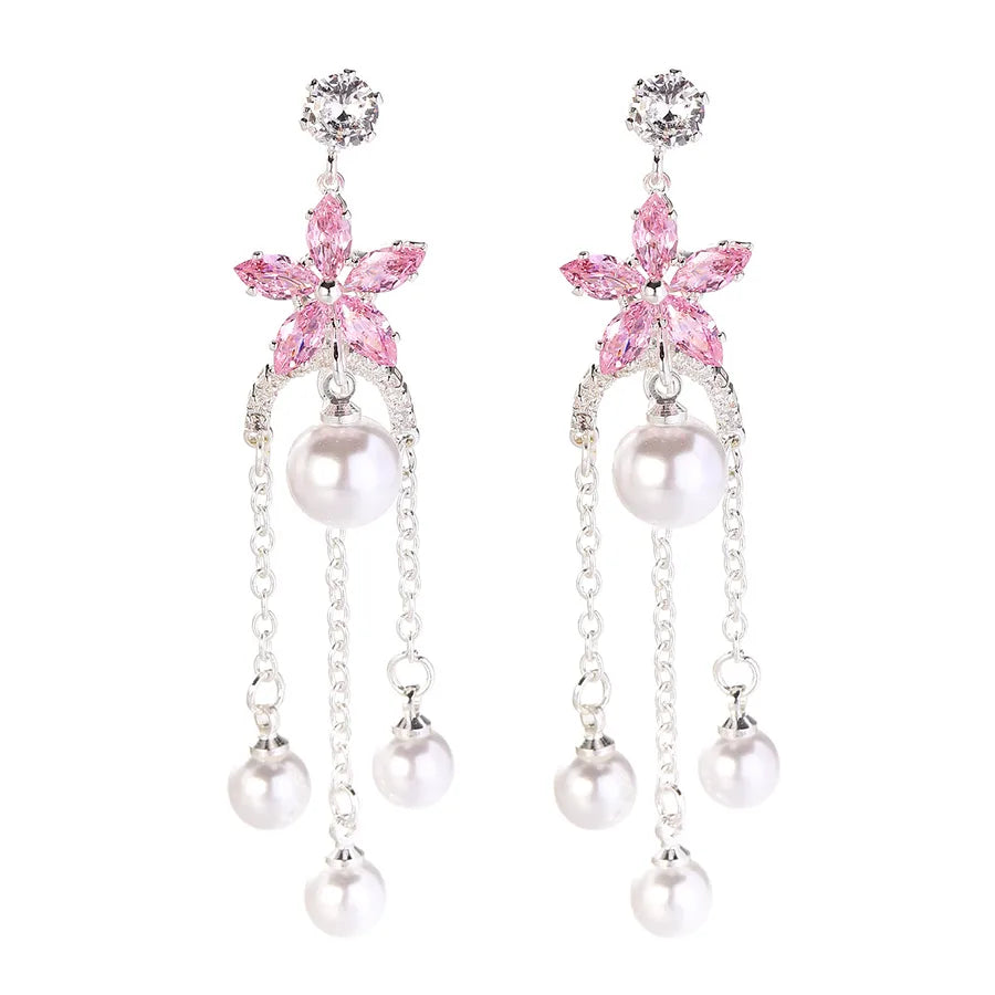 Flowers Tassel Drop Earrings for Women with 925 Sterling Silver Ear Pins and Copper Base Inlaid with Zircon