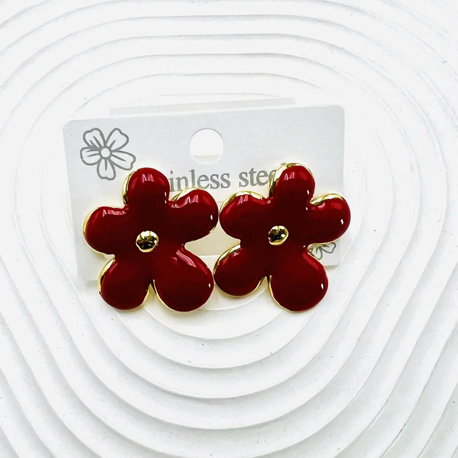 Geometric Red Enamel Drop Earrings for Women with 304 Stainless Steel Studs