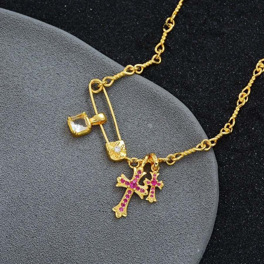 High-end Luxury Full Diamond Zircon Silver-plated Pin Double Cross Pendant Necklace for Women, Niche Minimalist Style Clavicle Chain