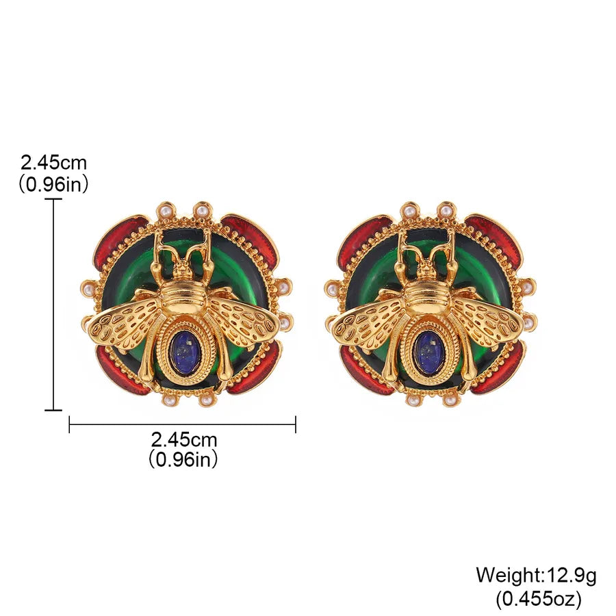 Handmade Retro Bee Earrings for Women in Brown Alloy with Pearl Inlay
