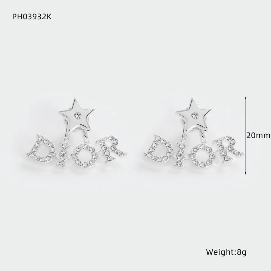 Letter Pattern Claw Setting Stud Earrings for Women in Copper with Zircon Inlay and Water Plating