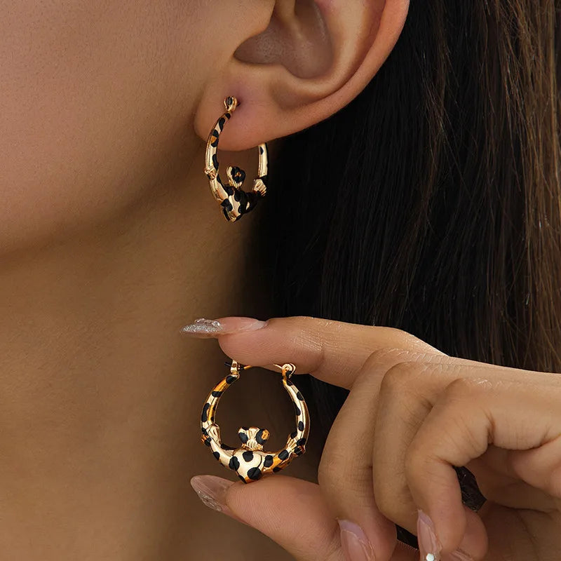 Bohemian Heart-Shaped Alloy Earrings for Women, Round Crown Geometric Leopard Print Vintage Earrings