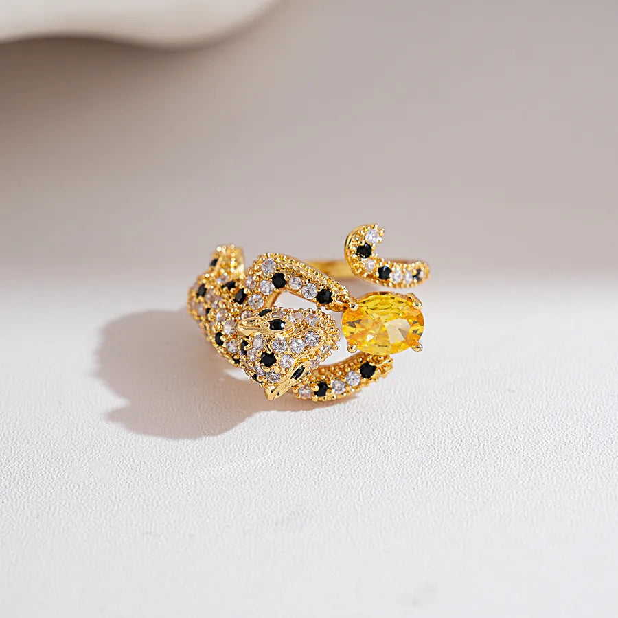 Oval Open Ring for Women in Copper with Zircon Inlay, Gold Color, Perfect for Spring