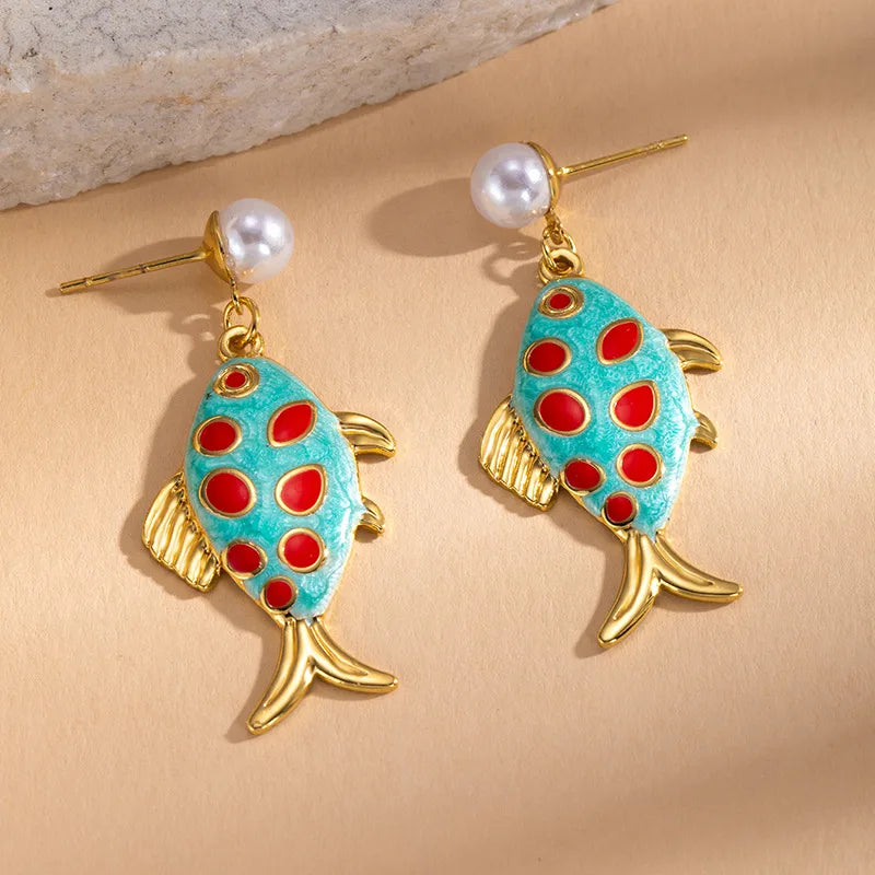 Simple Style Red Enamel Fish Stud Earrings for Women with Titanium Steel Posts