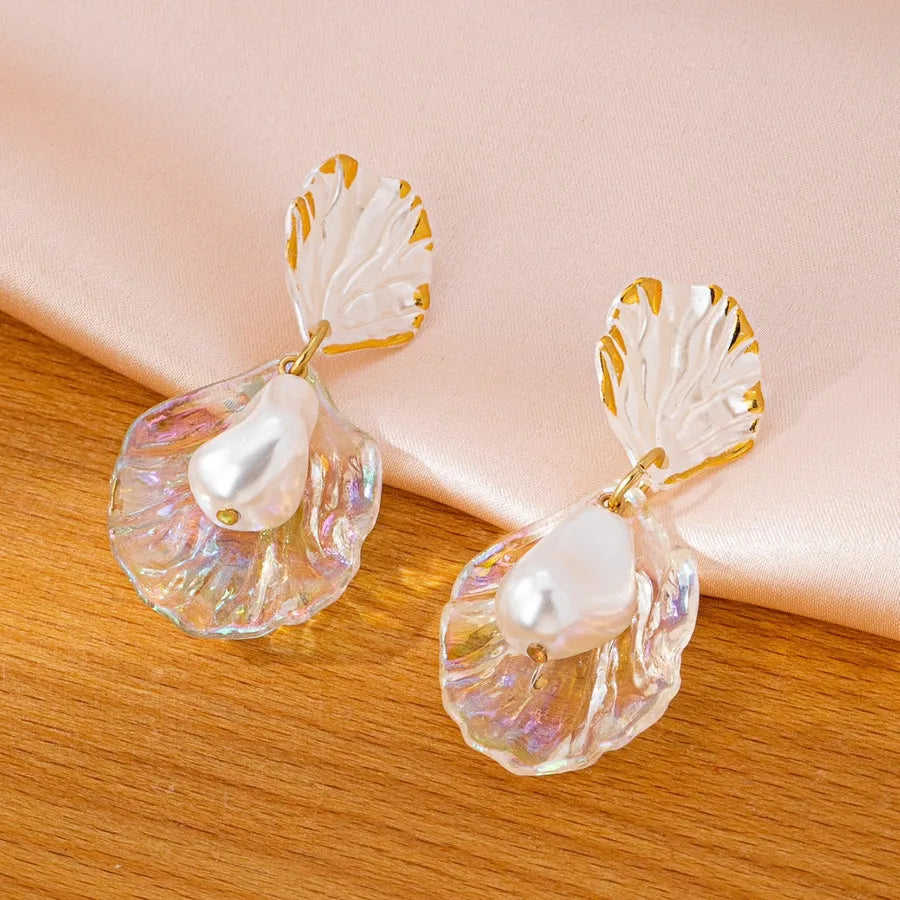 Irregular Baroque Style Drop Earrings with White Imitation Pearl and Baroque Pearl Inlay, Featuring Electroplated Finish