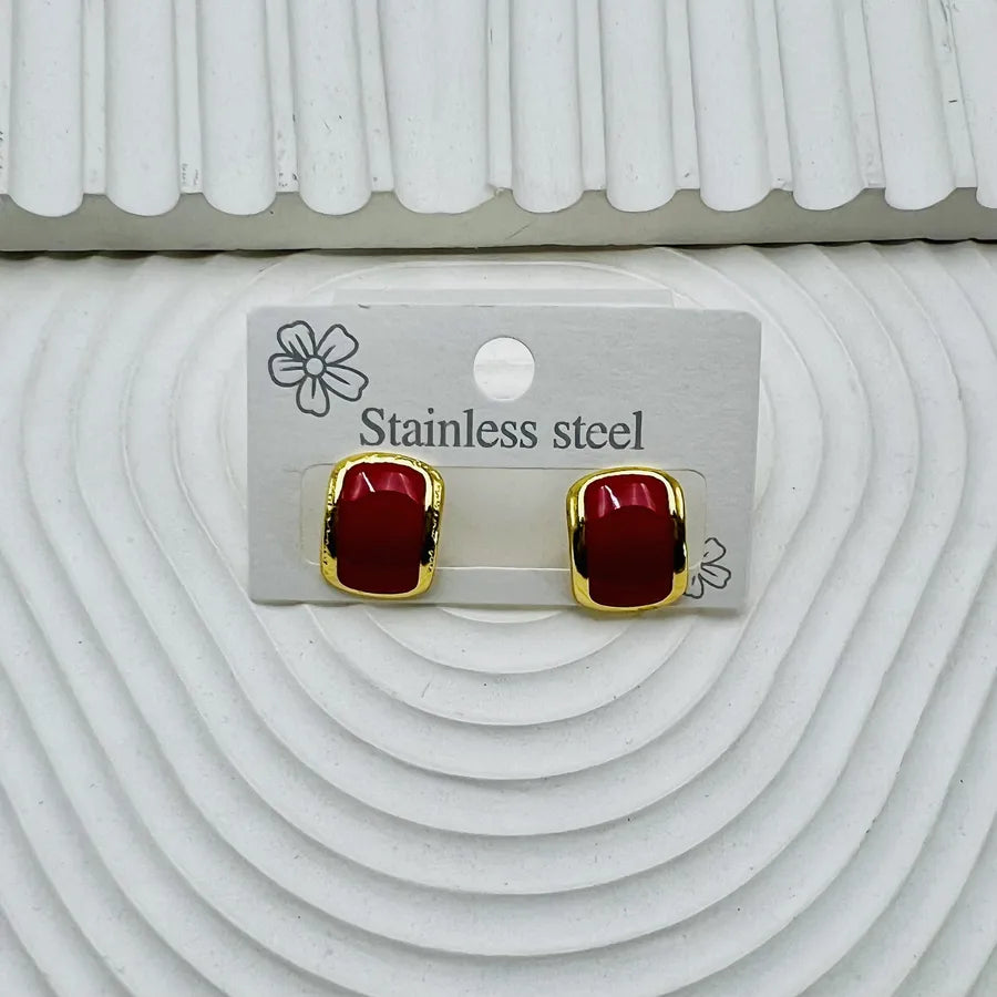 Geometric Red Enamel Drop Earrings for Women with 304 Stainless Steel Studs