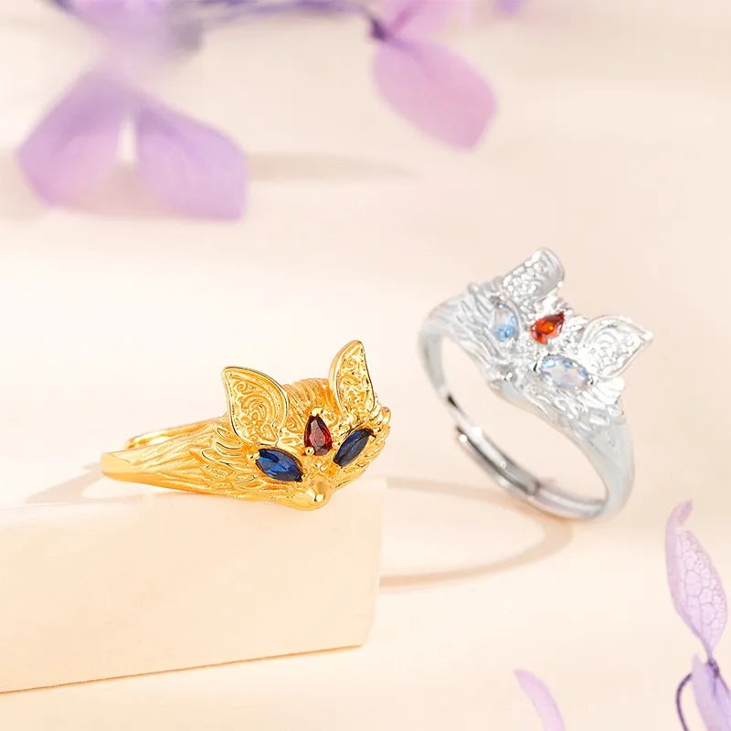 Fox 925 Sterling Silver Women’s Ring with Diamond Inlay, Electroplated Gold Finish
