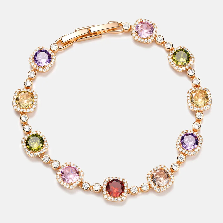 Square Copper Alloy Bracelets for Women with Electroplated Gold Plating and Zircon Inlay, available in colour