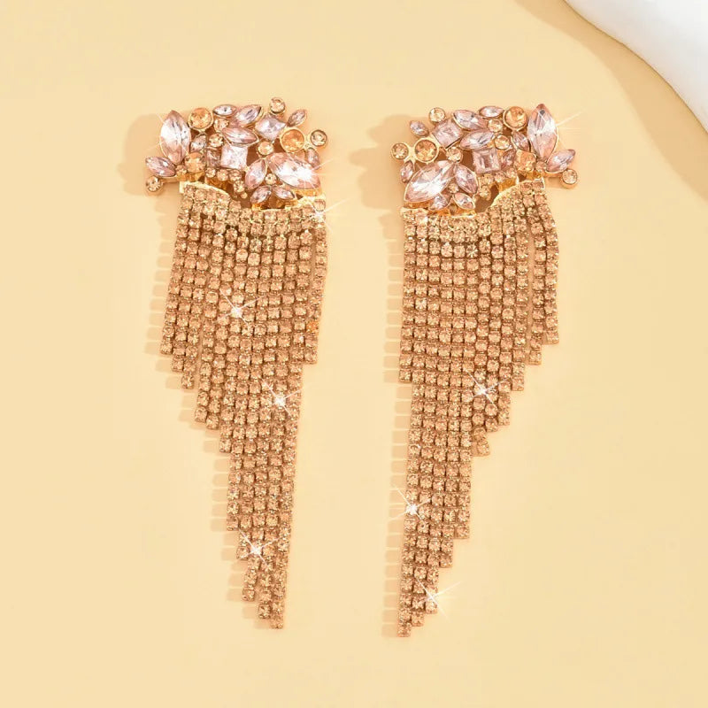 Exaggerated Flowers Tassel Earrings for Women in Silver with Rhinestones Inlay
