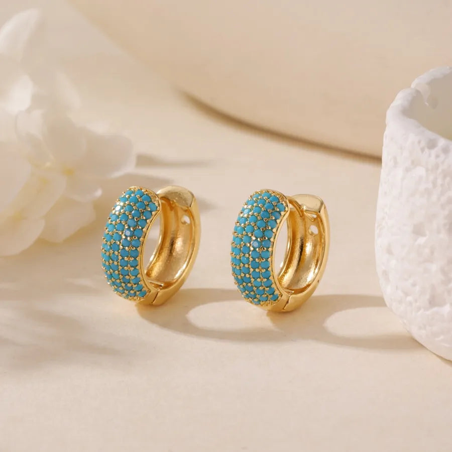 Round Waterproof Non Tarnish Earrings in Copper Alloy with Turquoise Inlay, 14K Real Gold Plated 0.03µm-0.05µm for Women