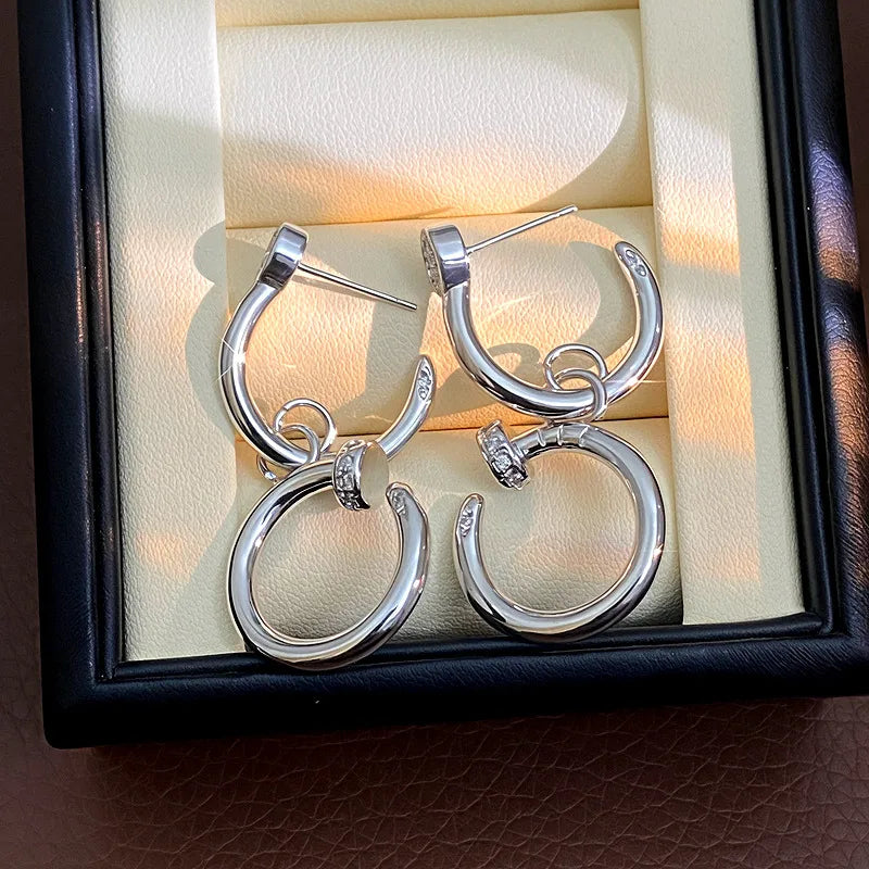 Double Ring Simple Style Stud Earrings for Women in Gold Copper with Zirconia and 925 Sterling Silver Posts