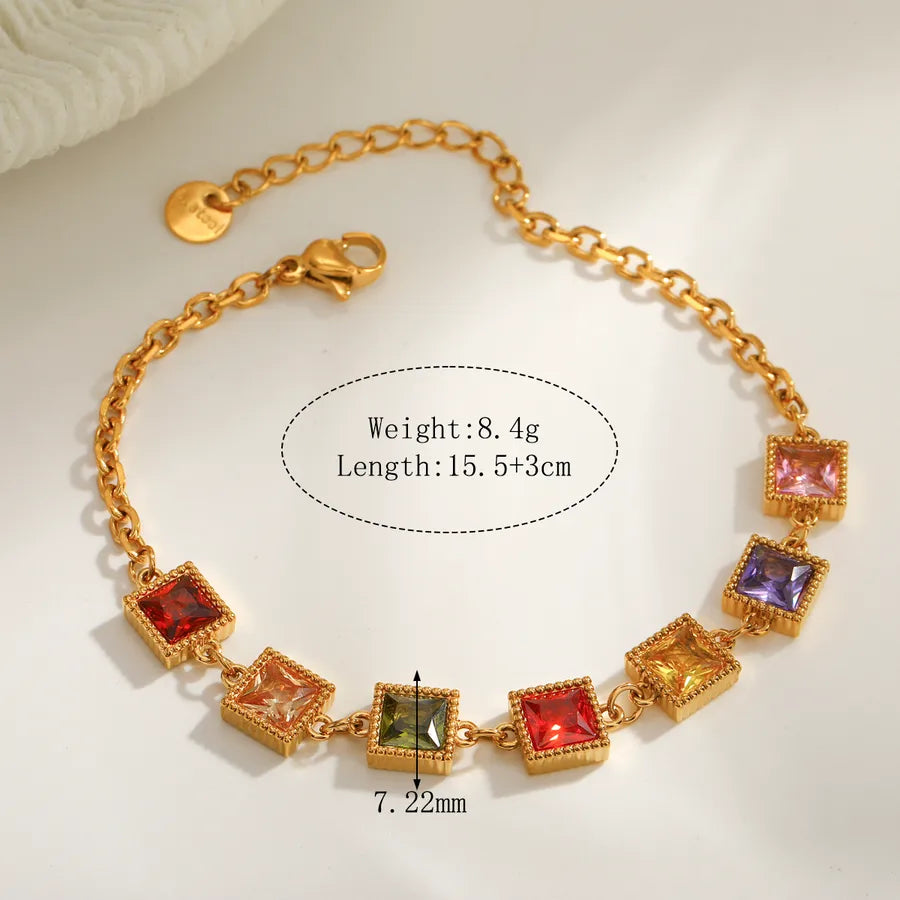 Square Electroplated 18K Real Gold Plated 304 Stainless Steel Tennis Chain Bracelet for Women with Zircon Inlay and PVD Coated Finish